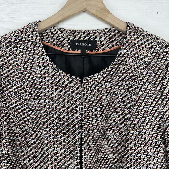 Talbots Tweed Blazer Lady Jacket Women 12 Black Pink Long Sleeves Round Neck - Picture 2 of 12